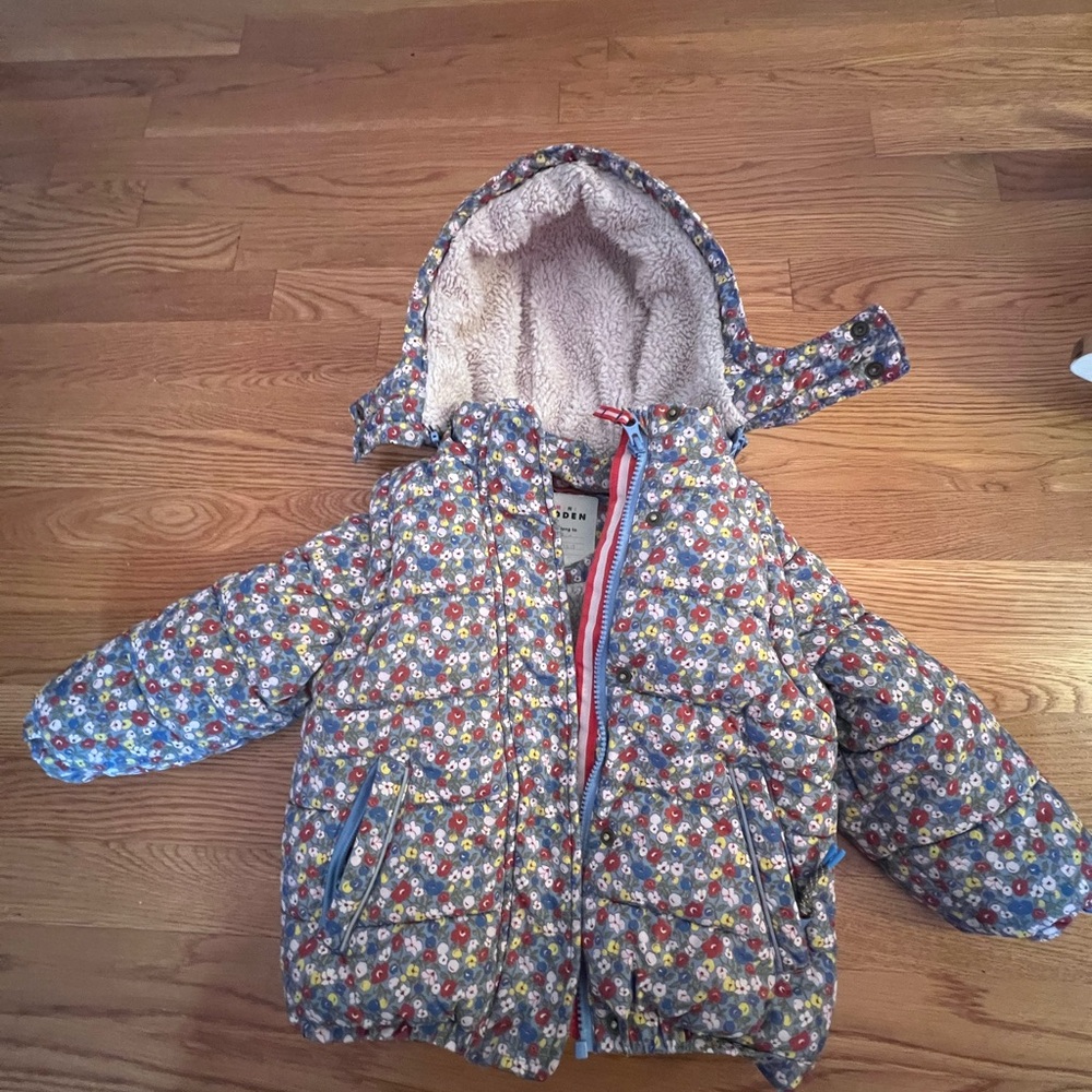 Mini Boden Sherpa lined floral coat with detachable hood